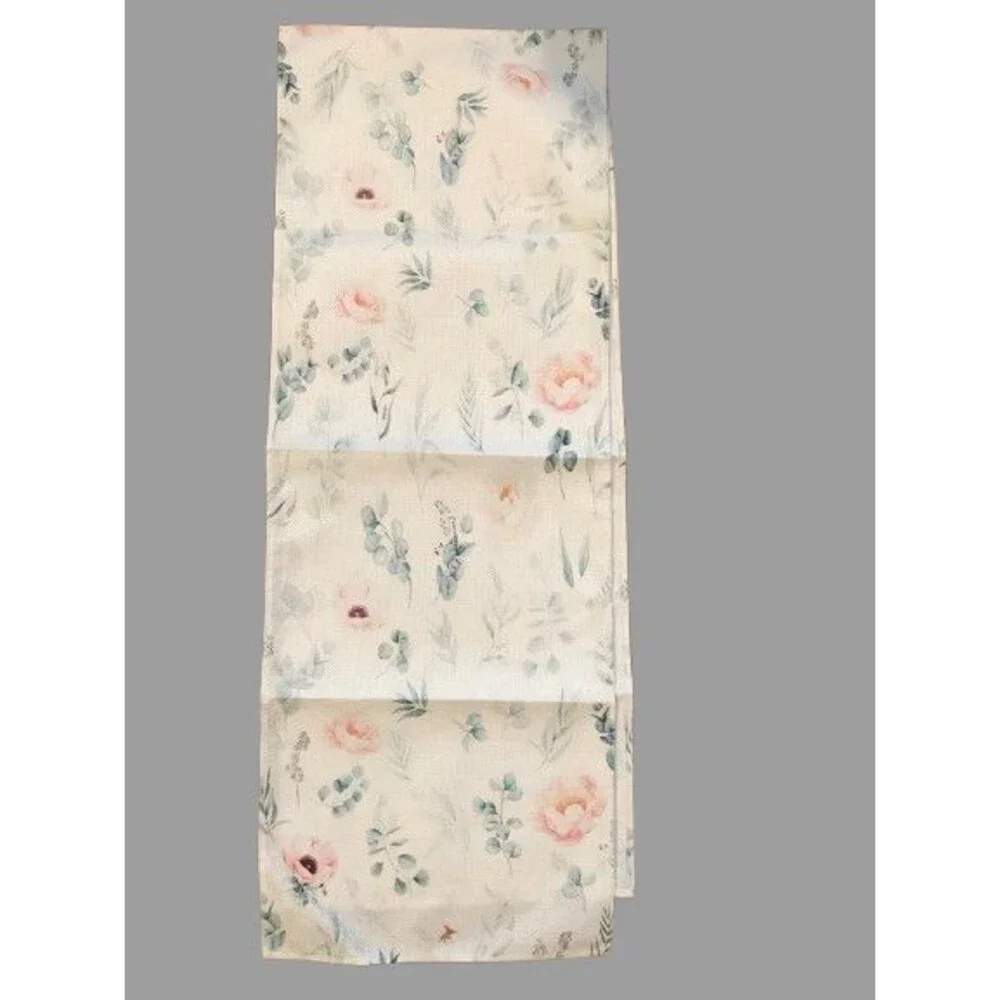 Table Runner 13x72in Linen Spring Floral Greenery Peony Pastel
